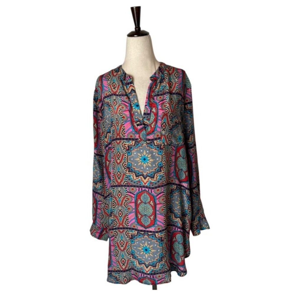 Tolani Shirt Women Medium Pink Blue‎ Silk Geometric Long Sleeve Tunic Top Boho
